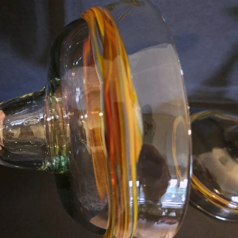 Mexican Hand Blown Margarita Glasses Set of 2‎ Orange Yellow Red Swirl Rim 7in